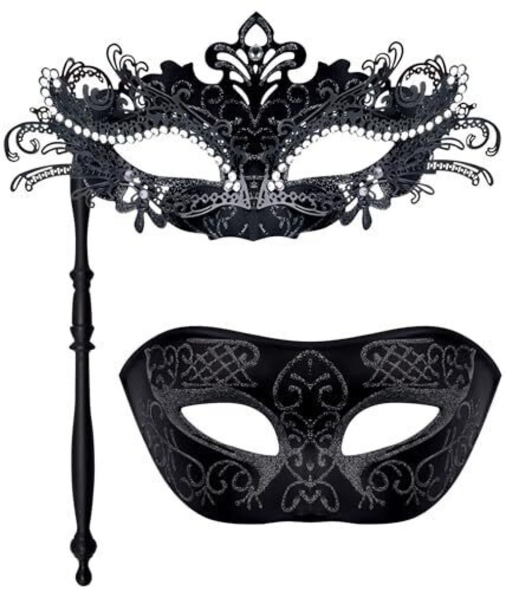5459 Couple Masquerade Masks with Stick Metal Venetian Mask on a Stick